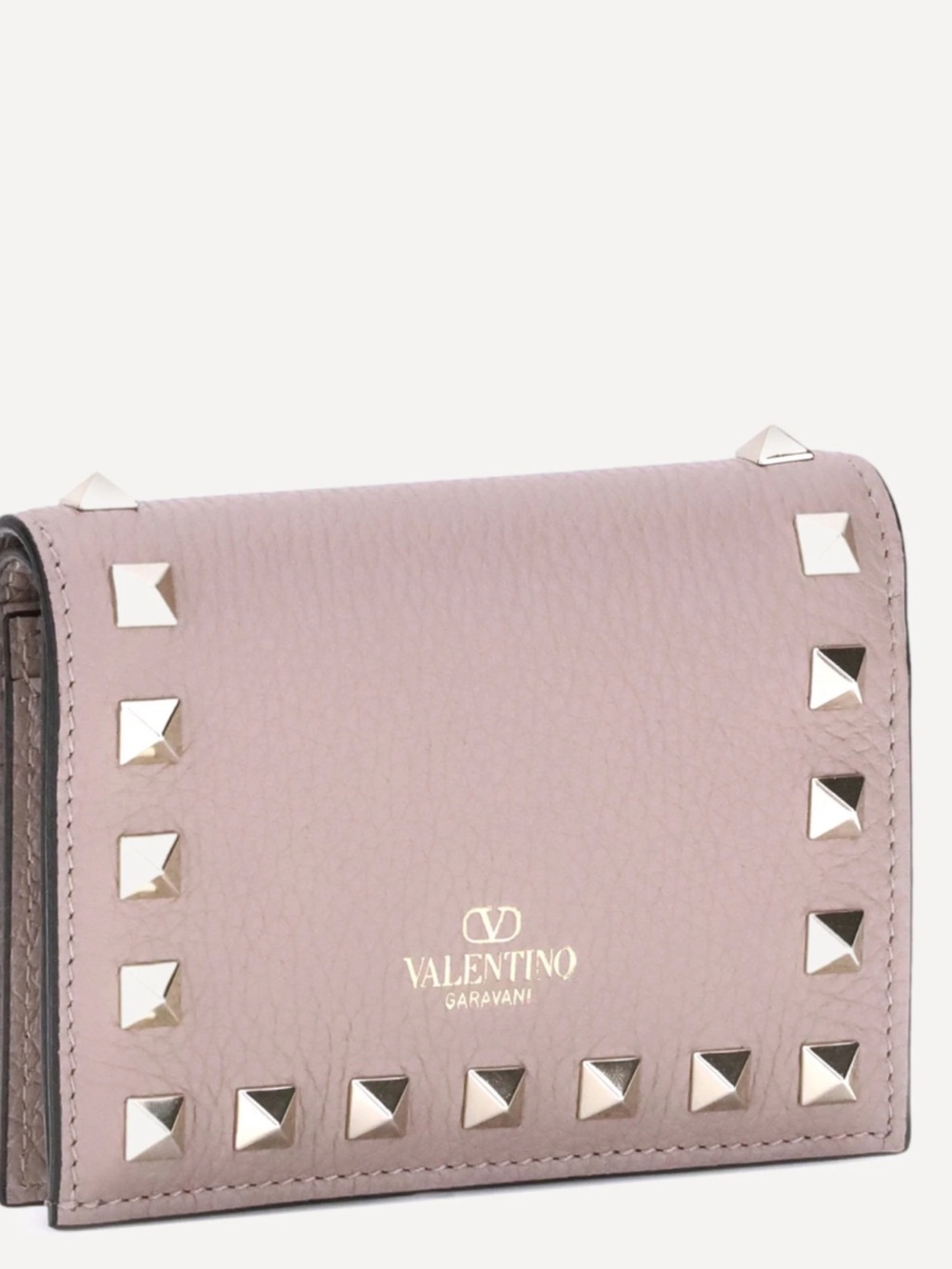 Valentino Garavani taupe leather card holder with gold rockstuds